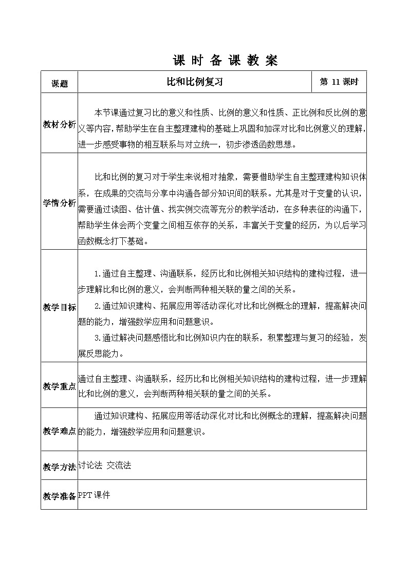 北京版数学六年级下册第四单元比和比例复习教学设计01