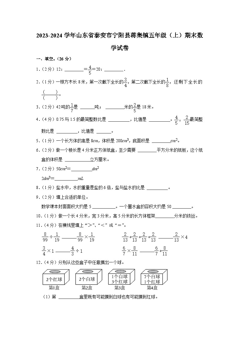山东省泰安市宁阳县蒋集镇2023-2024学年五年级上学期期末数学试卷第1页