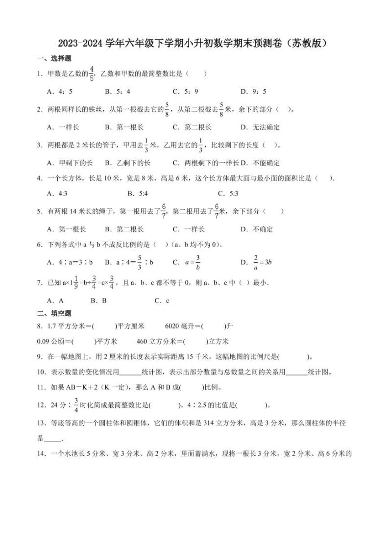 (小升初押题卷）2024年江苏省六年级下学期小升初数学期末预测卷01
