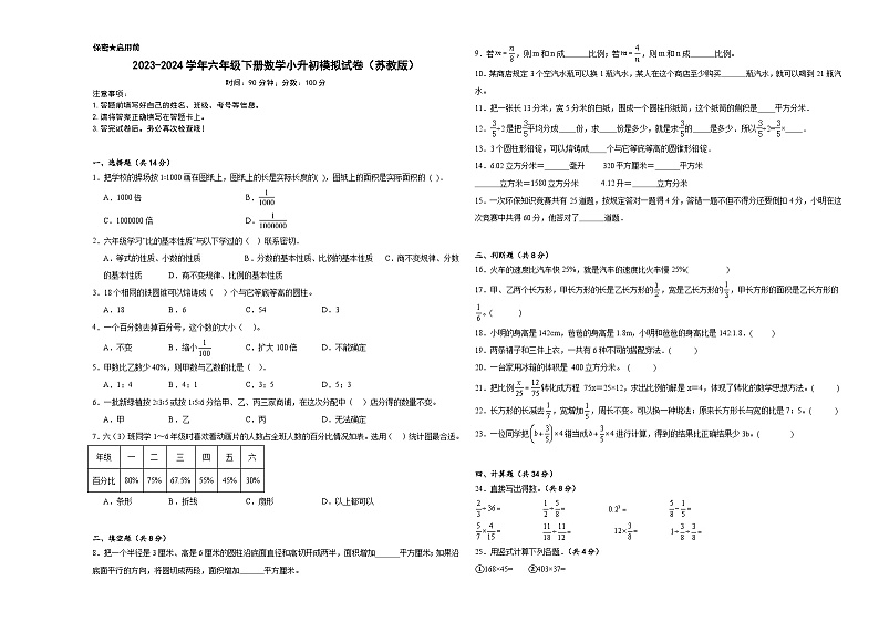 小升初模拟试卷（试题）-2023-2024学年六年级下册数学苏教版01