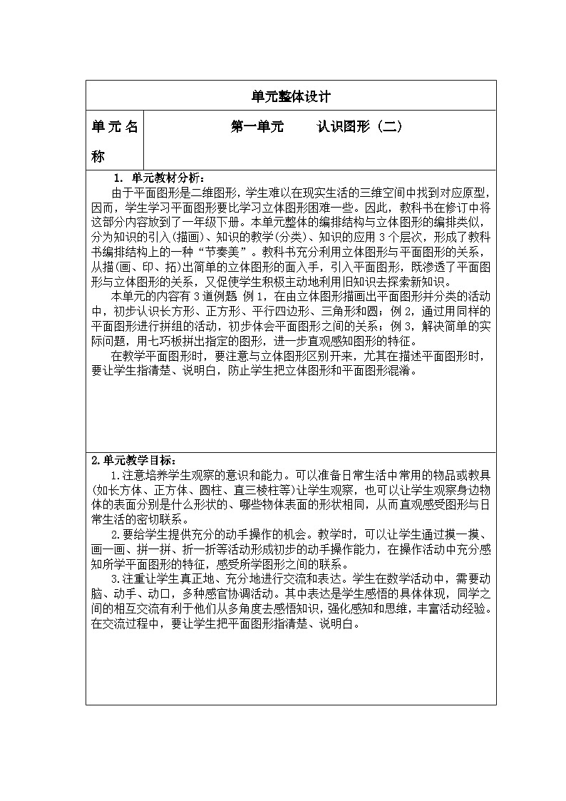 人教版数学  一年级下册   第一单元  认识图形  核心素养教案.第1页