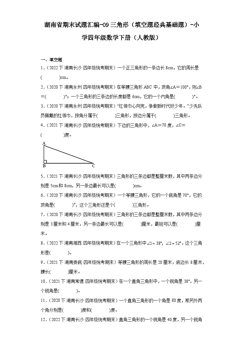 湖南省期末试题汇编-09三角形（填空题经典基础题）-小学四年级数学下册（人教版）第1页