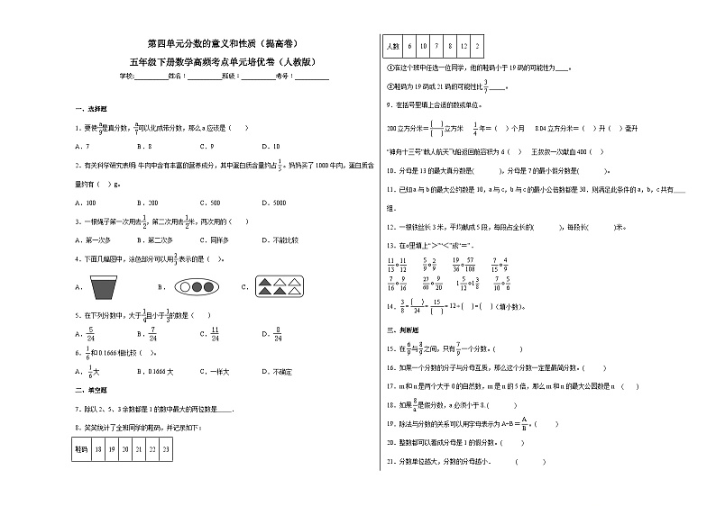 人教版五年级下册数学拔高培优卷第四单元分数的意义和性质（提高卷）（附答案）第1页