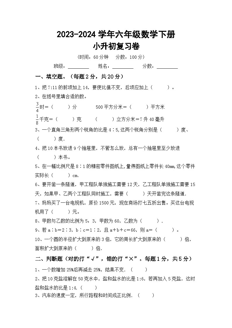 小升初综合复习（试题）-2023-2024学年六年级下册人教版数学第1页