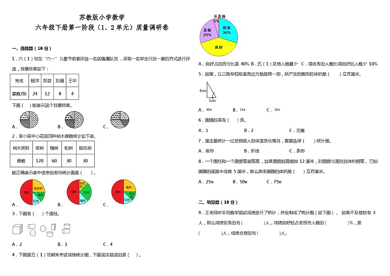 苏教版小学数学六年级下册第一阶段（1、2单元）质量调研卷（含答案）01