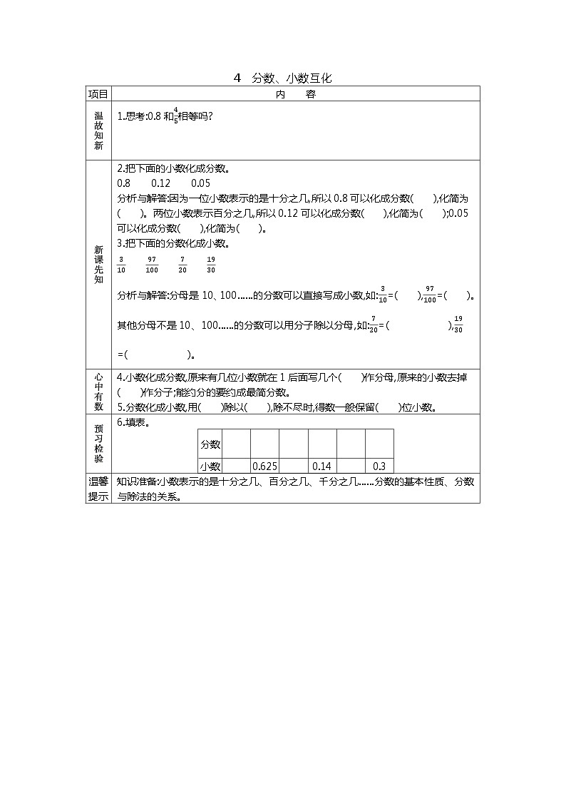 冀教版数学五年级下册 2.4分数、小数互化学案01