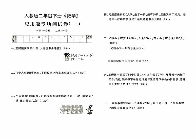 人教版二年级下册《数学》期末专项分类测试卷（应用题专项测试卷一）第1页