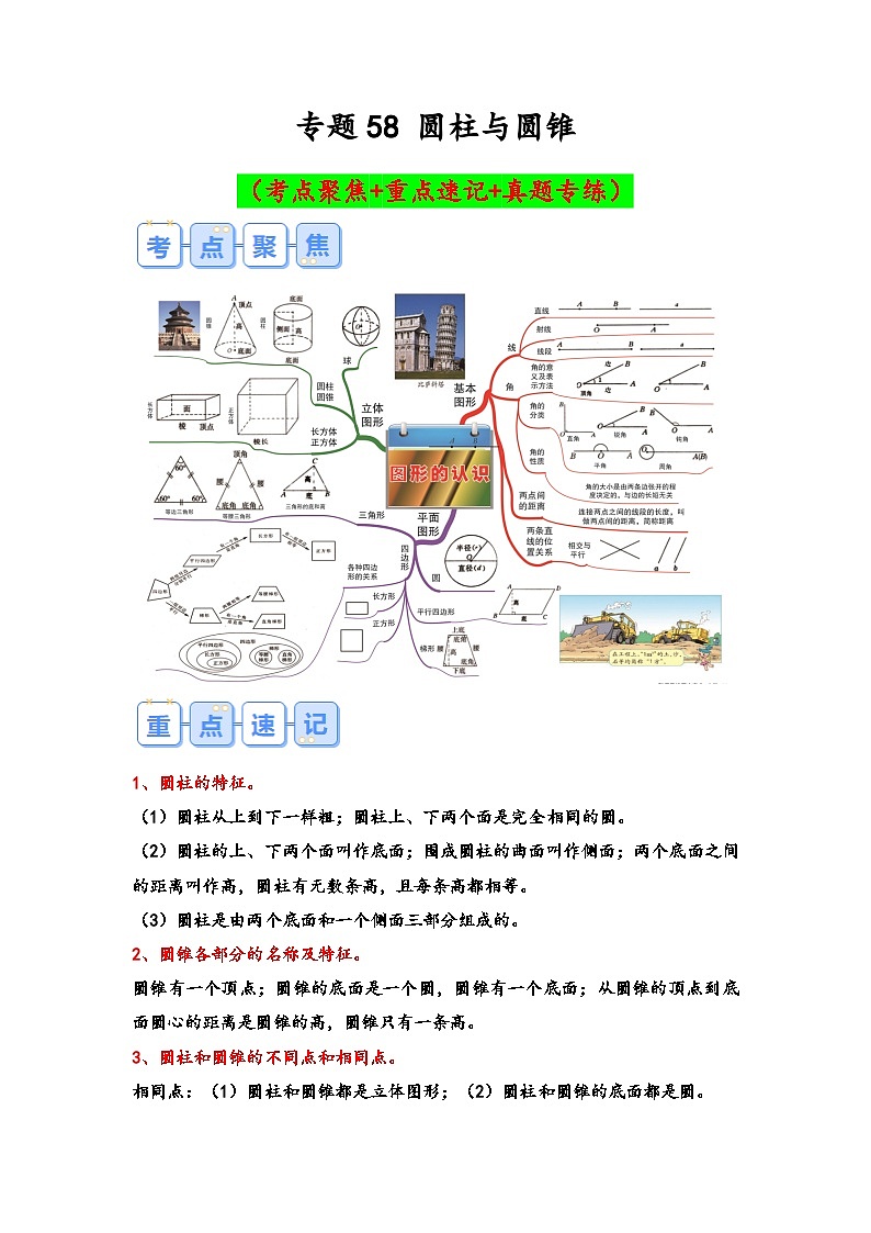 专题58-圆柱与圆锥（考点聚焦+重点速记+真题专练）-2023-2024学年六年级备战小升初数学专项复习精讲练+（通用版）第1页