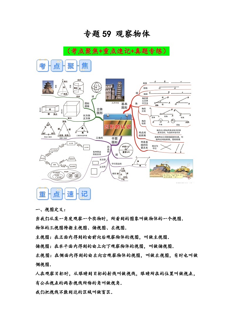 专题59-观察物体（考点聚焦+重点速记+真题专练）-2023-2024学年六年级备战小升初数学专项复习精讲练+（通用版）第1页