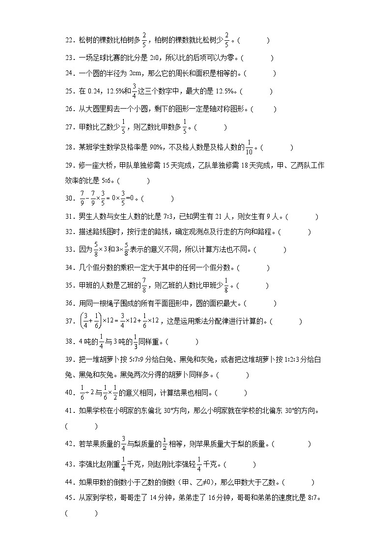 人教版六年级上册数学期末判断题专题训练（含答案）02