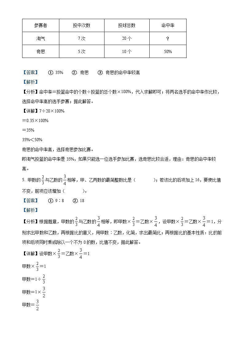 精品解析：2023-2024学年浙江省杭州市萧山区人教版六年级上册期末模拟测试数学试卷（解析版）第3页