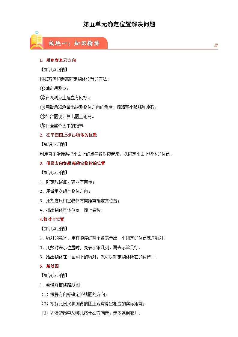 苏教版2023-2024学年六年级下册数学尖子生培优  第五单元  确定位置解决问题（知识精讲+典题精练）第1页