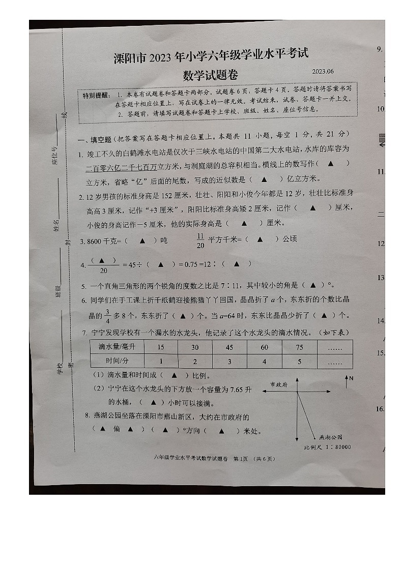 江苏省常州市溧阳市2022-2023学年六年级下学期期末调研测试数学试题01
