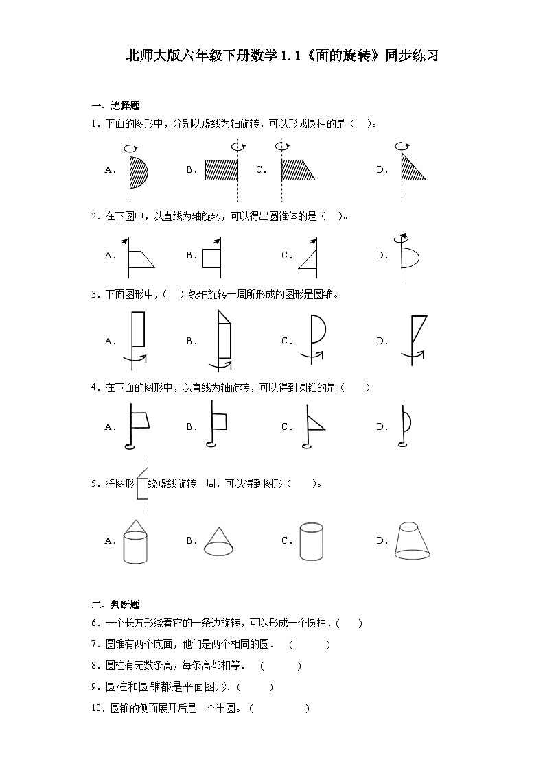 北师大版六年级下册数学1.1《面的旋转》同步练习（含答案）01