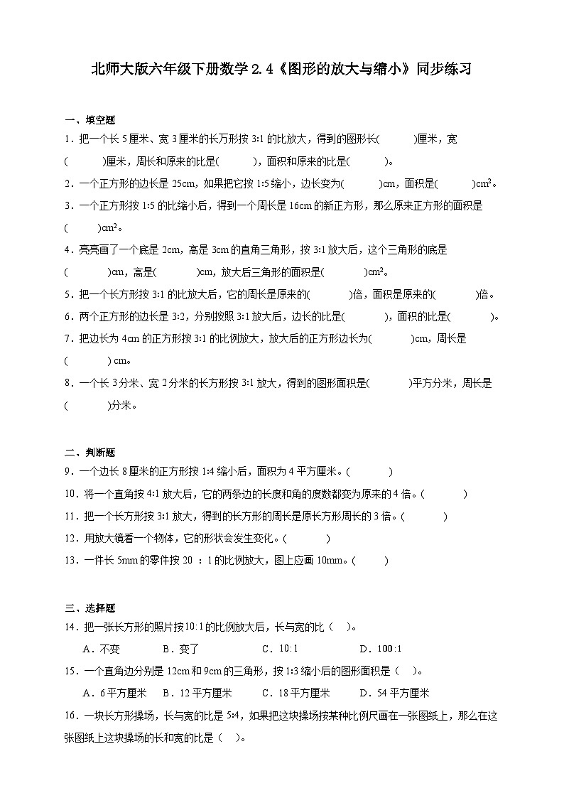 北师大版六年级下册数学2.4《图形的放大与缩小》同步练习（含答案）第1页