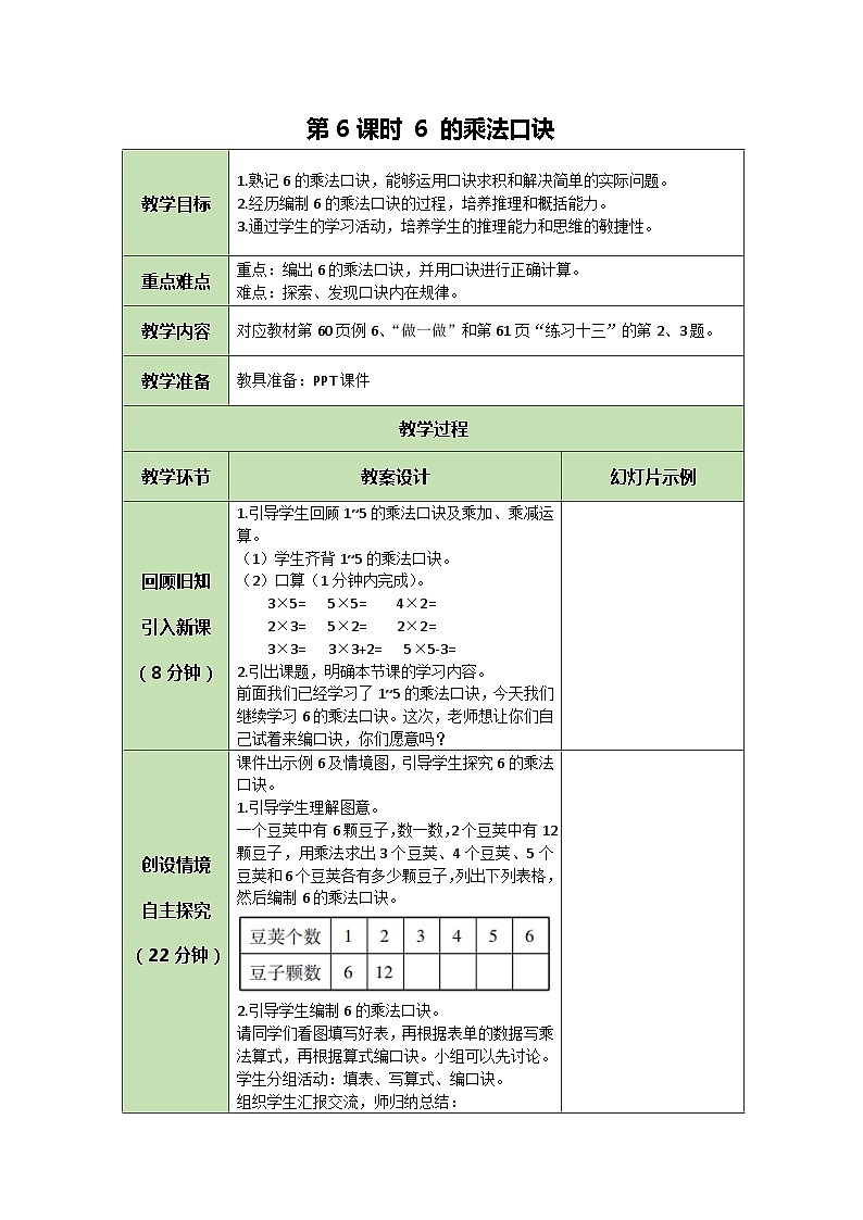 人教版数学二年级上册 4.6 6 的乘法口诀教案01
