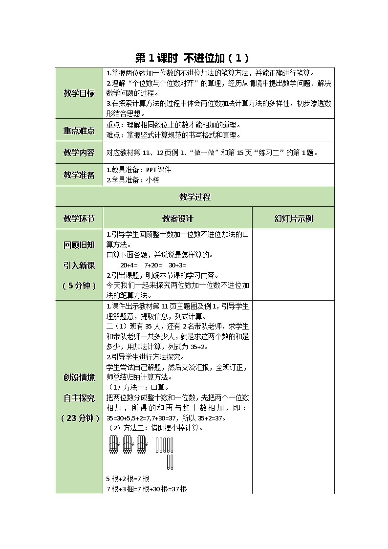 人教版数学二年级上册 2.1 不进位加（1）教案01
