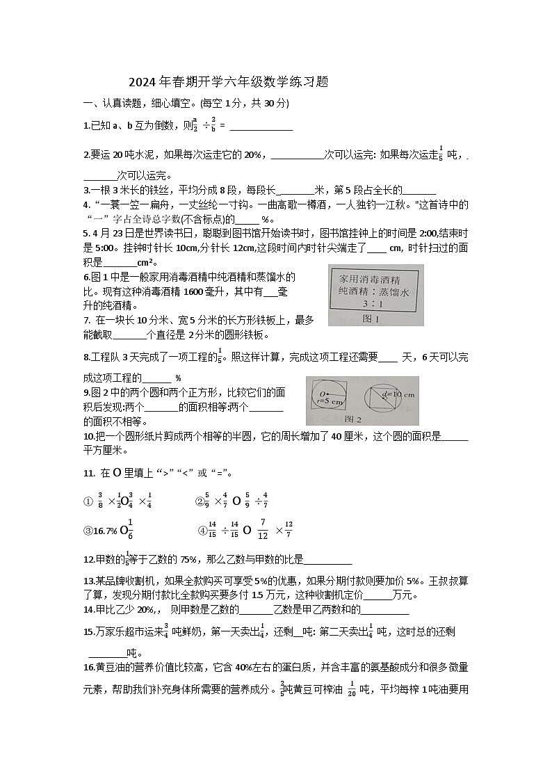 河南省南阳市南召县2023-2024学年六年级下学期开学数学试题01
