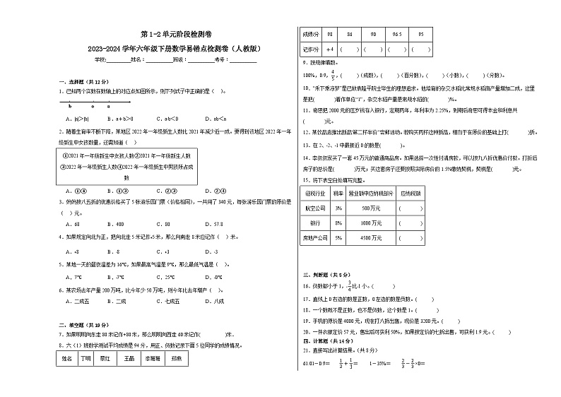 第1-2单元阶段月考A卷-2023-2024学年六年级下册数学易错点月考卷（人教版）第1页