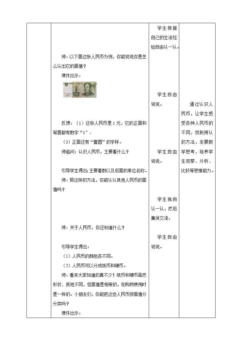 苏教版一年级下册数学《认识1元及1元以下的人民币》教学设计02