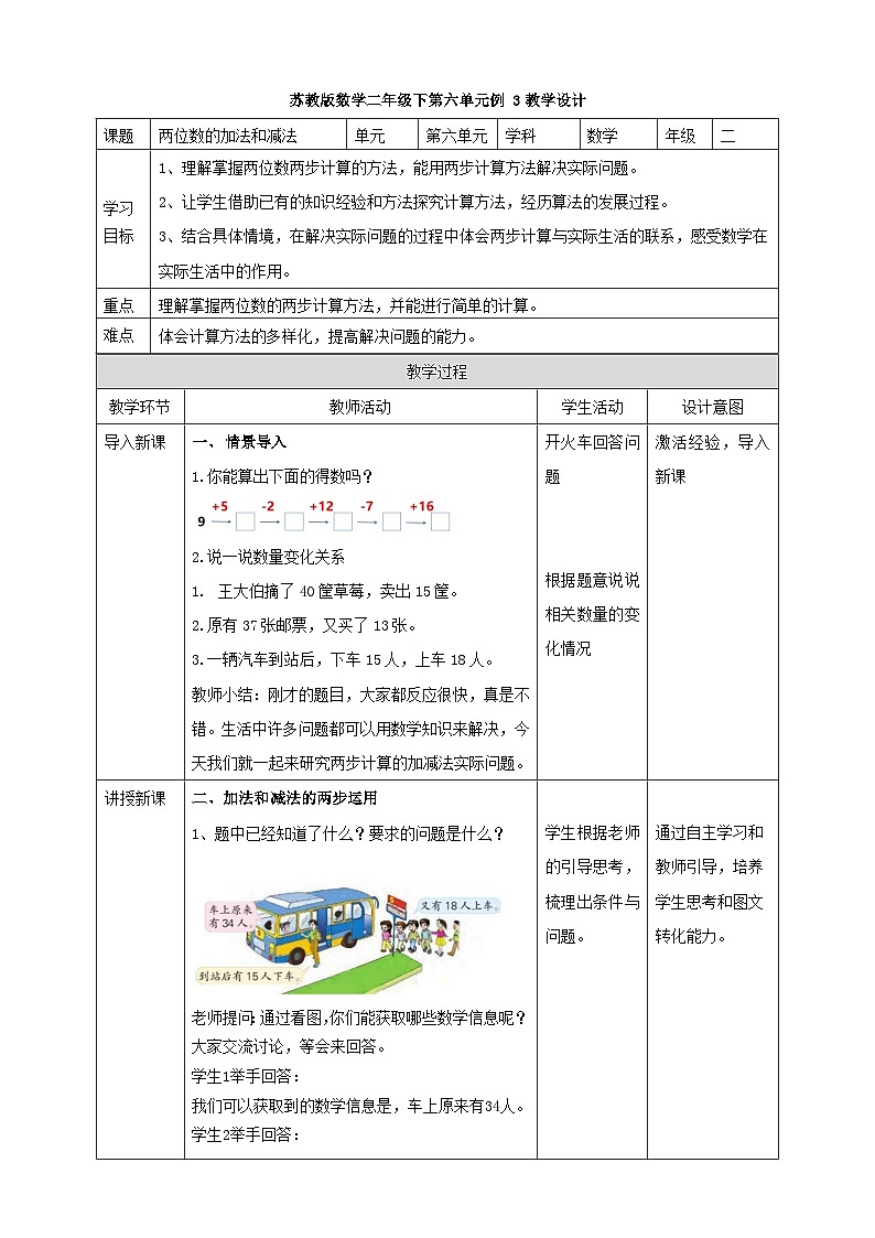 苏教版二下数学第六单元第二课时《两位数的加减法》教学设计01