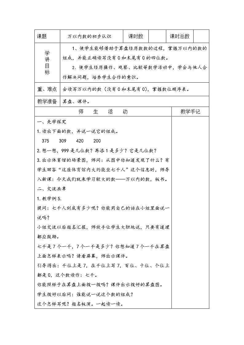 苏教版二年级下册数学第5课时 中间不含0的万以内数的组成与读写 教案01