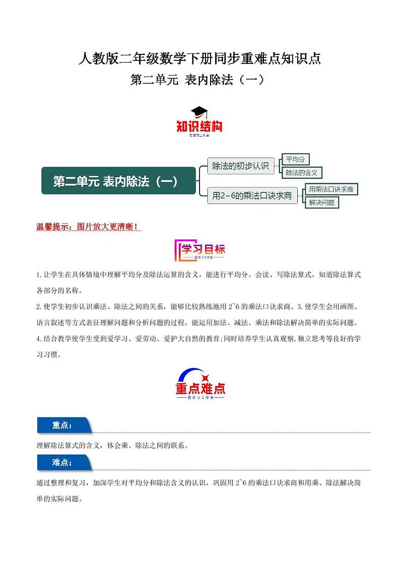 第二单元 表内除法（一）--2024年二年级数学下册重难点知识点（人教版）第1页