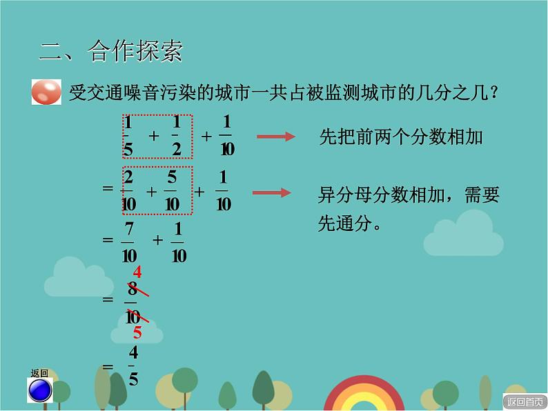 青岛版（六三）数学五年级下册 五 关注环境—分数加减法（二）-3 异分母分数加减混合运算课件第4页