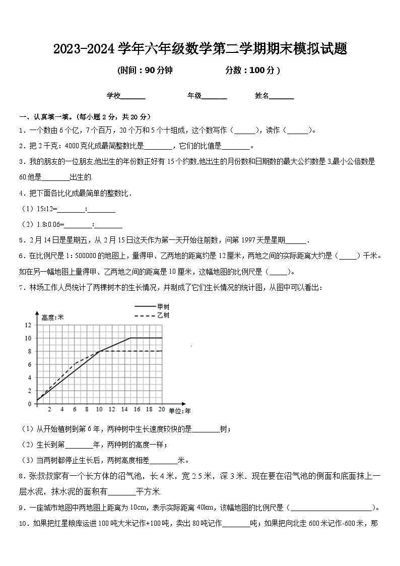 期末模拟试题（试卷）-2023-2024学年六年级下册数学北师大版.2第1页