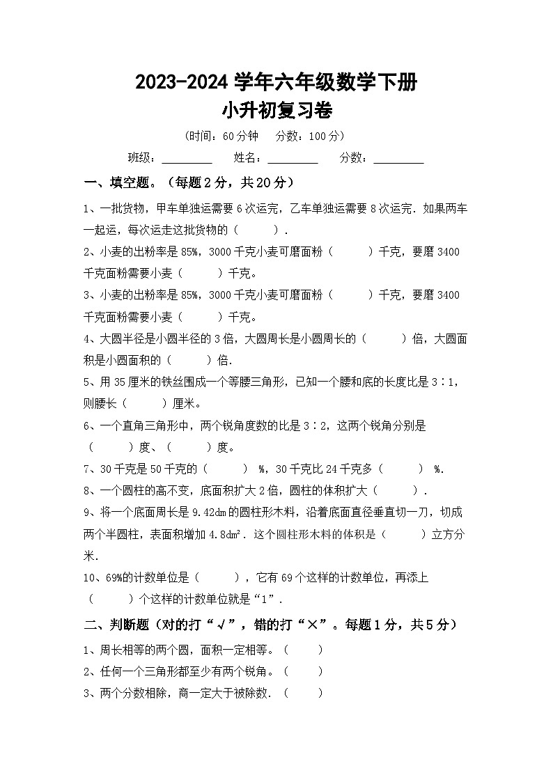 小升初复习（试题）-2023-2024学年六年级下册人教版数学第1页