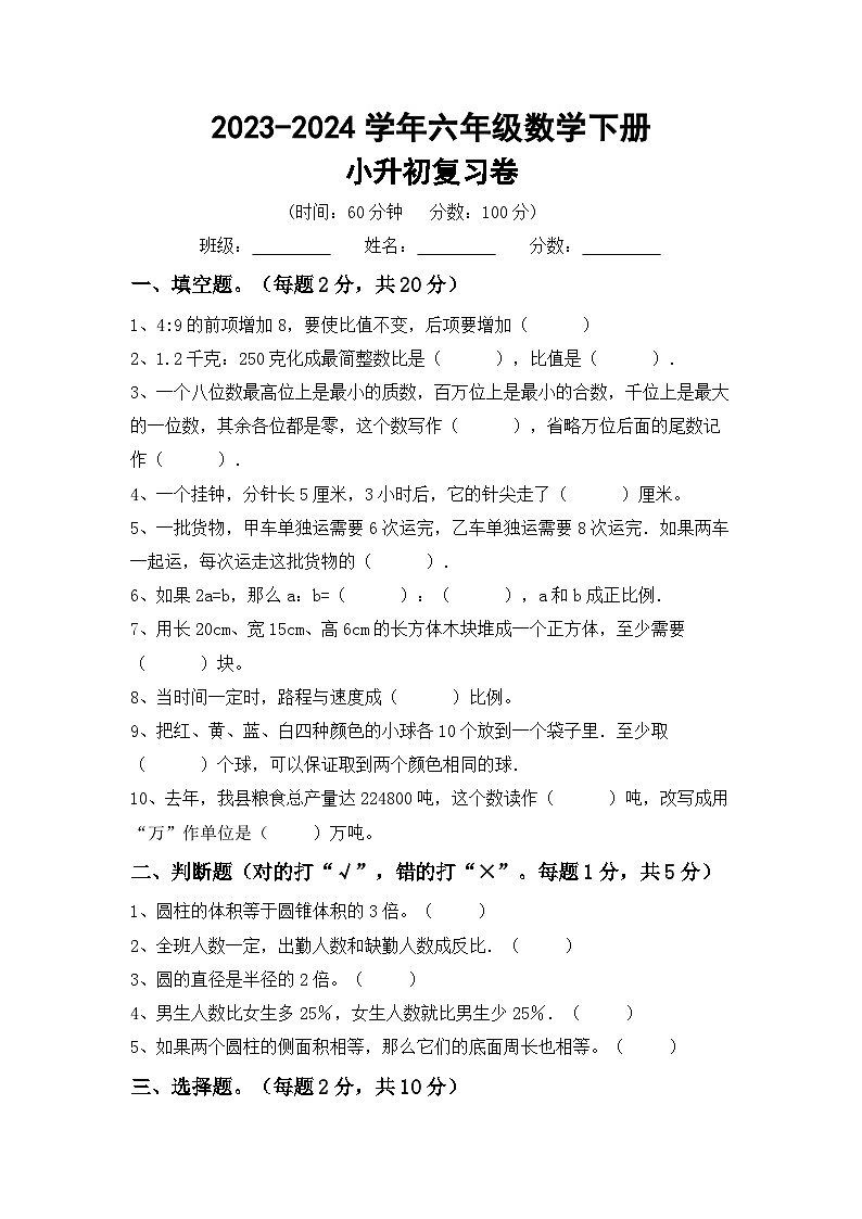小升初综合复习（试题）-2023-2024学年六年级下册北师大版数学第1页