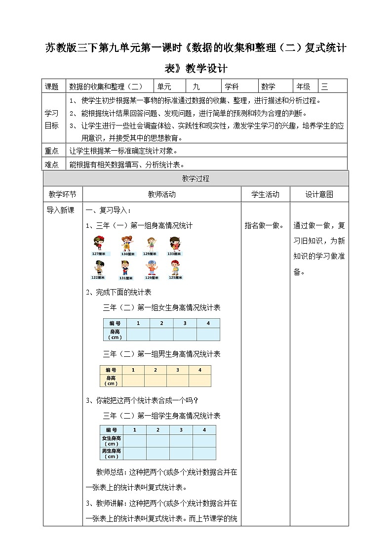 苏教版数学三下第九单元第二课时《数据的收集和整理（二）复式统计表》教学设计第1页