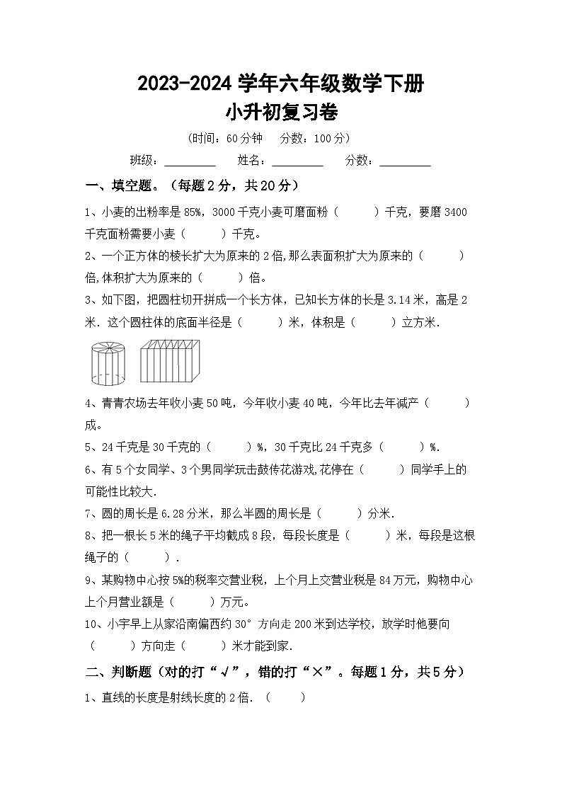 小升初复习题（试题）-2023-2024学年六年级下册苏教版数学第1页