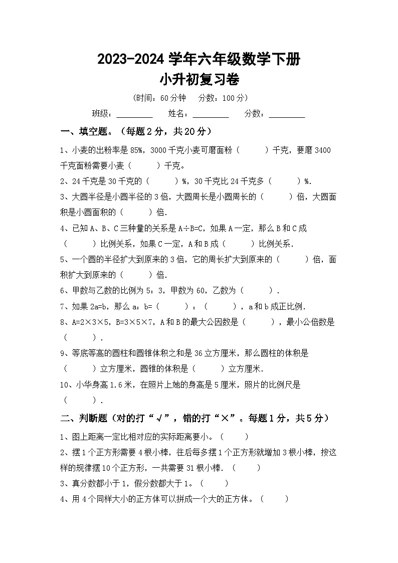 小升初复习（试题）-2023-2024学年六年级下册北师大版数学第1页