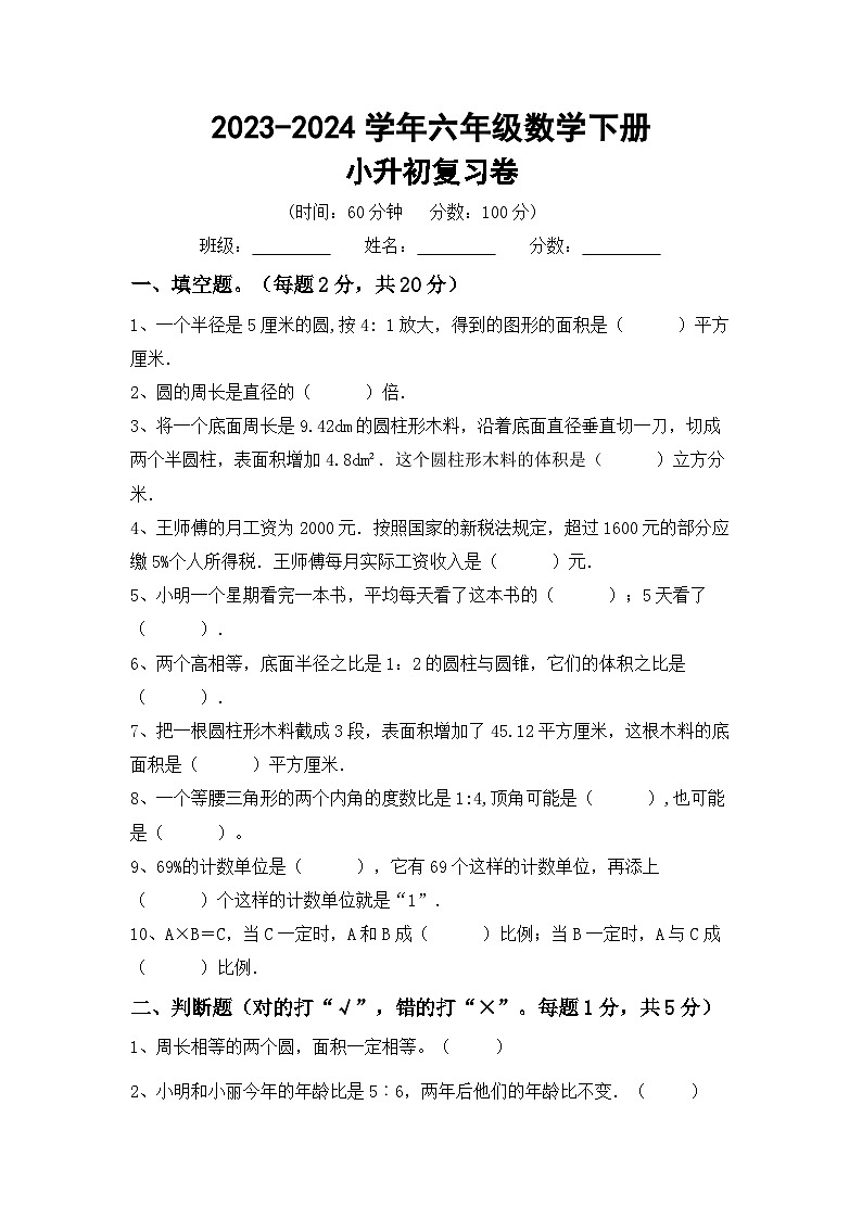 小升初复习(试题)-2023-2024学年六年级下册数学人教版第1页