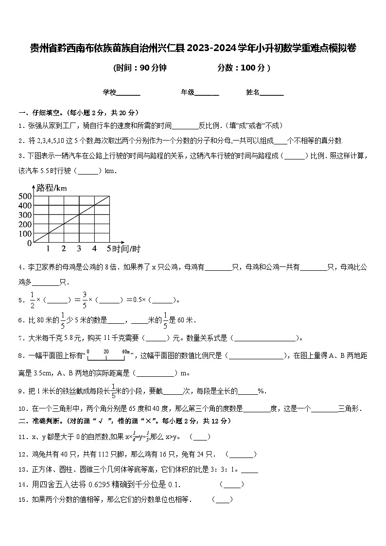 贵州省黔西南布依族苗族自治州兴仁县2023-2024学年小升初数学重难点模拟卷+第1页