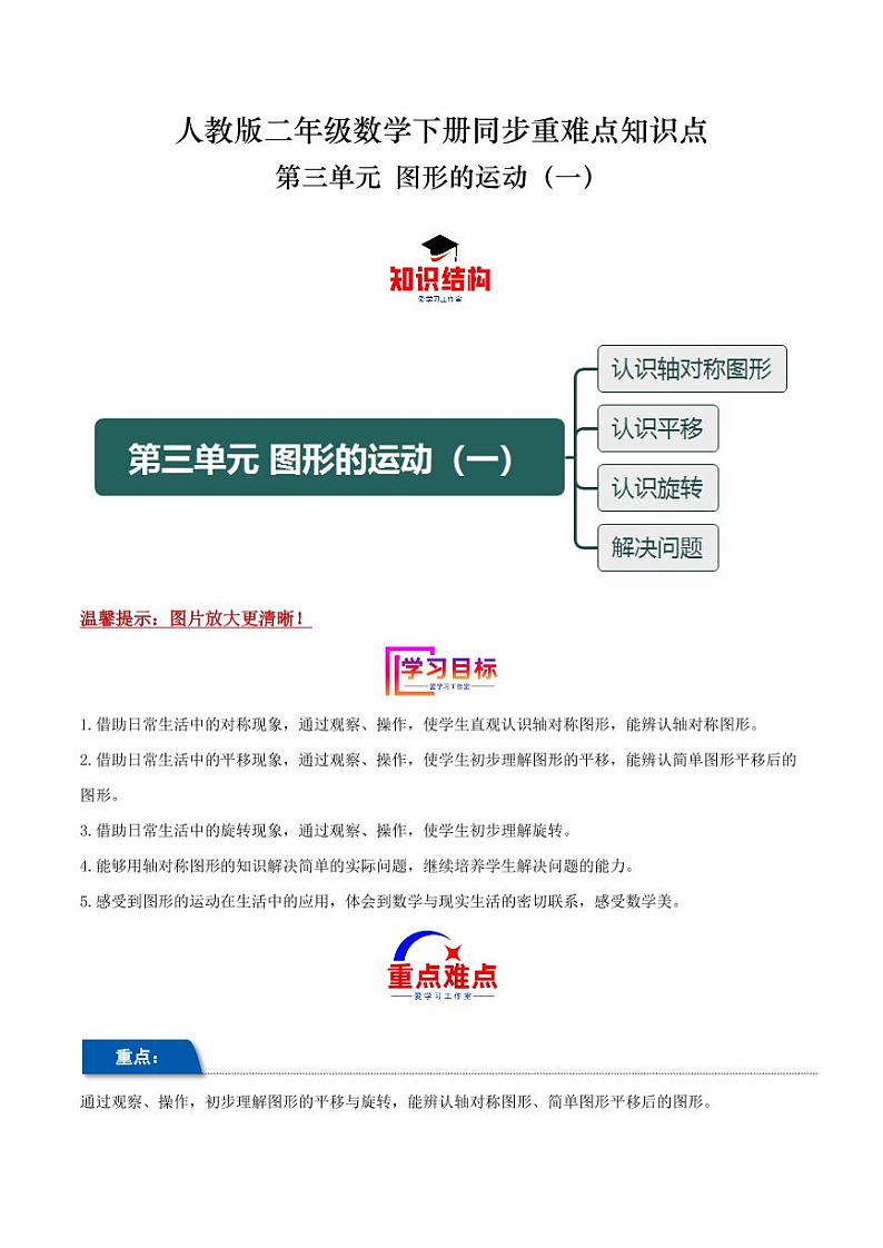 第三单元 图形的运动（一） 2023-2024学年二年级数学下册重难点知识点（人教版）第1页