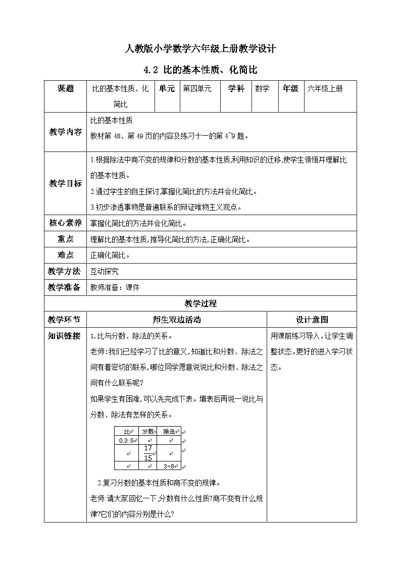 人教版数学六年级上册4.2《比的基本性质、化简比》课件+教案+练习01