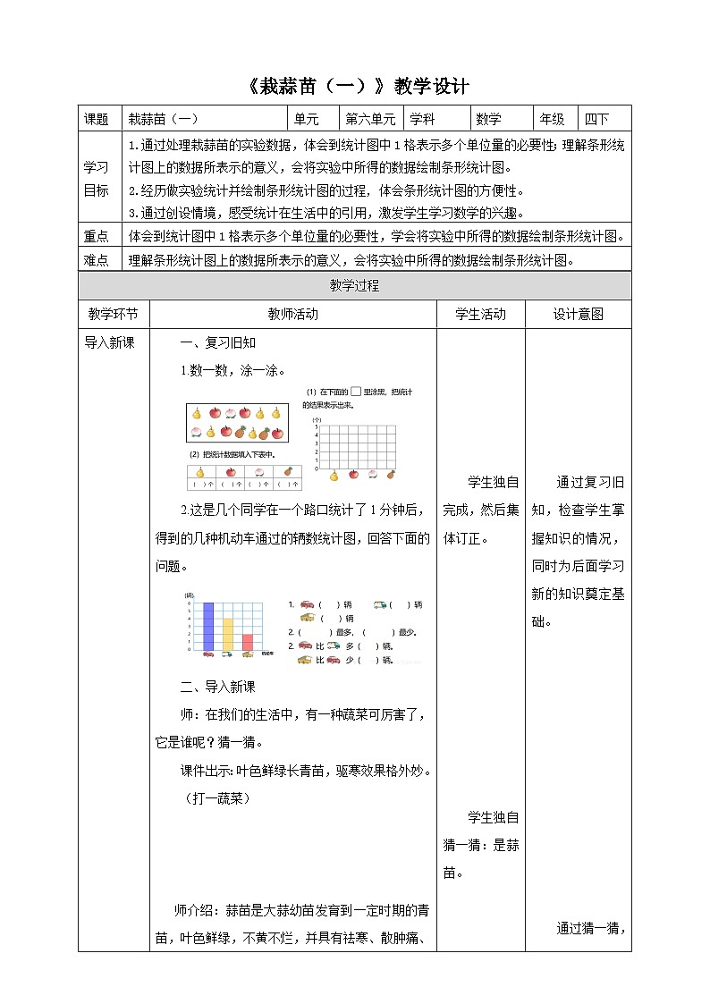 北师大版数学四年级下册《栽蒜苗（一）》教学设计01