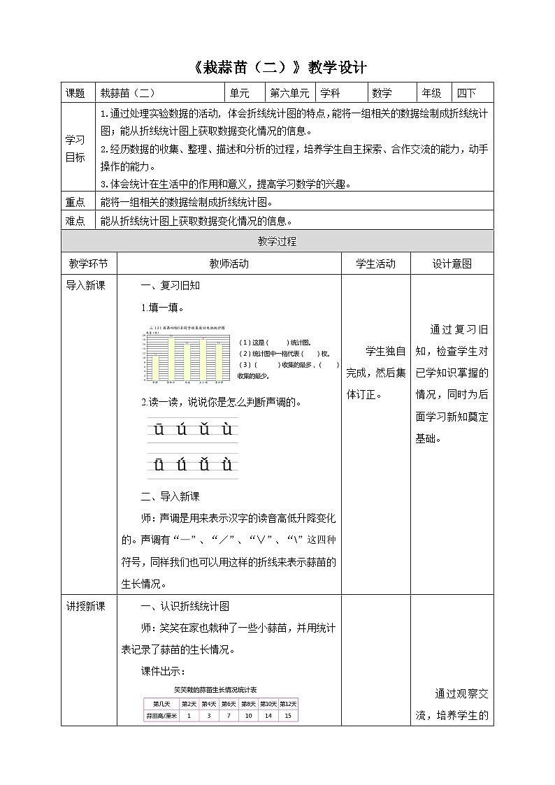北师大版数学四年级下册《栽蒜苗（二）》教学设计01