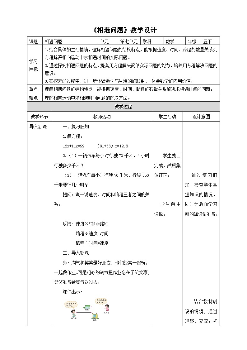 北师大版数学五年级下册《相遇问题》教学设计01
