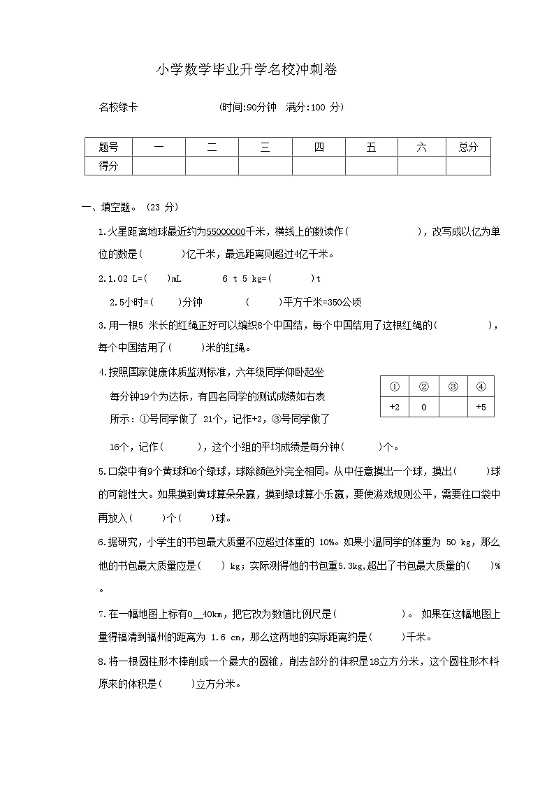 毕业升学名校冲刺卷（试题）-2023-2024学年六年级下册数学苏教版第1页