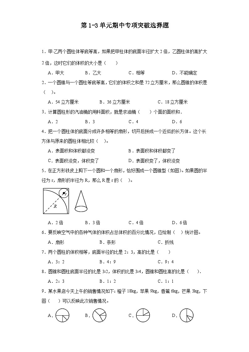(期中典型真题)第1-3单元期中专项突破选择题—2023—2024学年六年级下册数学高频易错期中备考（苏教版）第1页