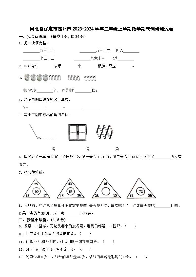 河北省保定市定州市2023-2024学年二年级上学期数学期末调研测试卷01