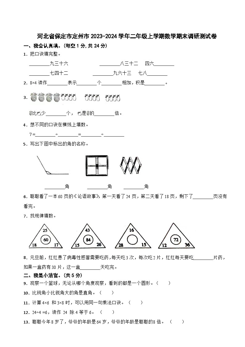 河北省保定市定州市2023-2024学年二年级上学期数学期末调研测试卷01