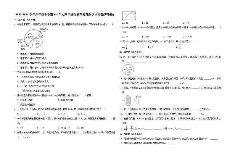 (期中押题卷)江苏省2023-2024学年六年级下学期1-4单元期中综合素养提升数学预测卷(苏教版)第1页