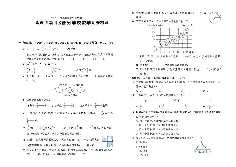 江苏省南通市崇川区部分学校2022-2023年五年级下学期数学期末检测01