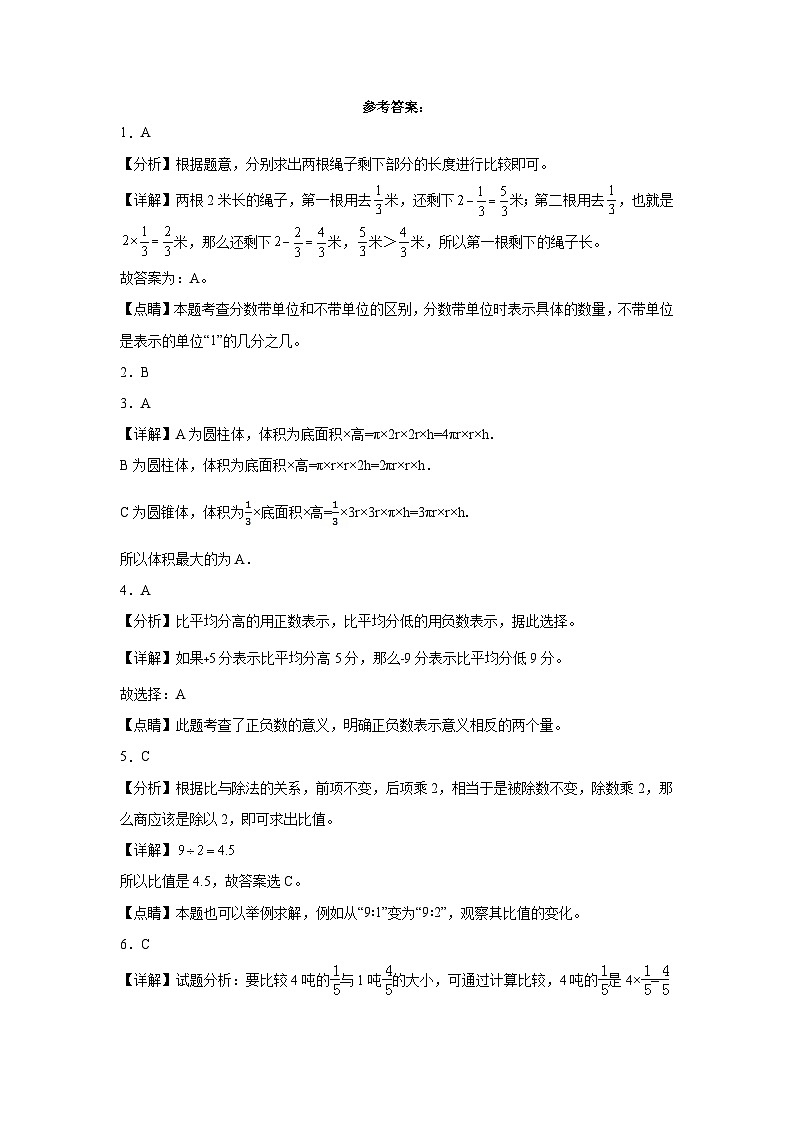 广东省河源市重点中学2023-2024学年小升初分班考数学押题卷（人教版）第3页
