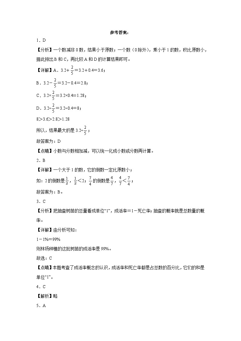 广东省云浮市重点中学2023-2024学年小升初数学分班考押题卷（人教版）03