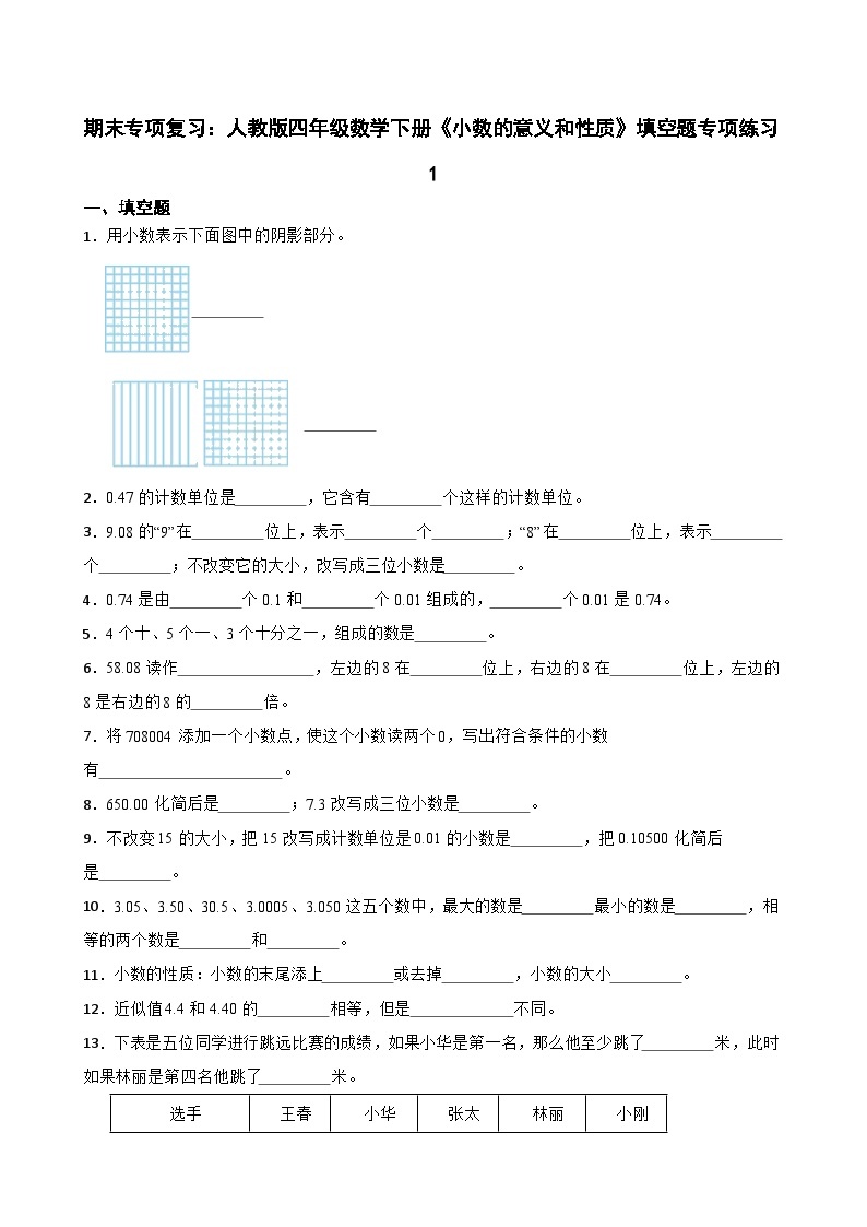 期末专项复习：人教版四年级数学下册《小数的意义和性质》填空题专项练习 (含答案)01